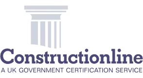 Logo of constructionline featuring bold black text and a stylized white column on a gray background, symbolizing home improvement.